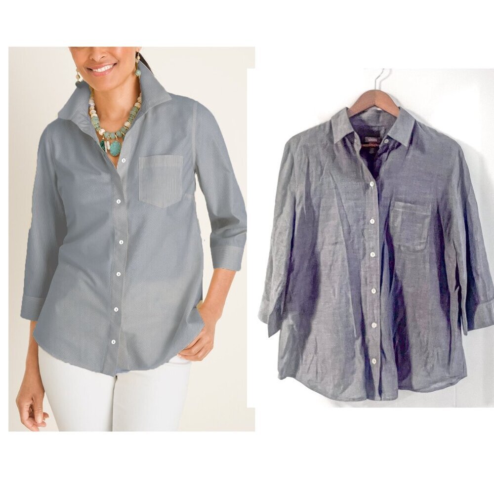 CHICO’S Steel Gray Grey Cotton 3/4 Sleeve Button Down Cotton Shirt Medium